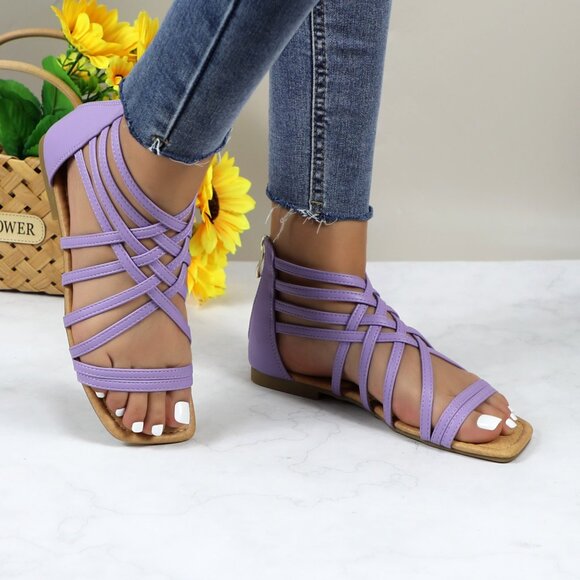 Women's Roman Gladiator Muliti Straped Back Zip Design Flat Heel Sandals Lilac - Picture 2 of 5